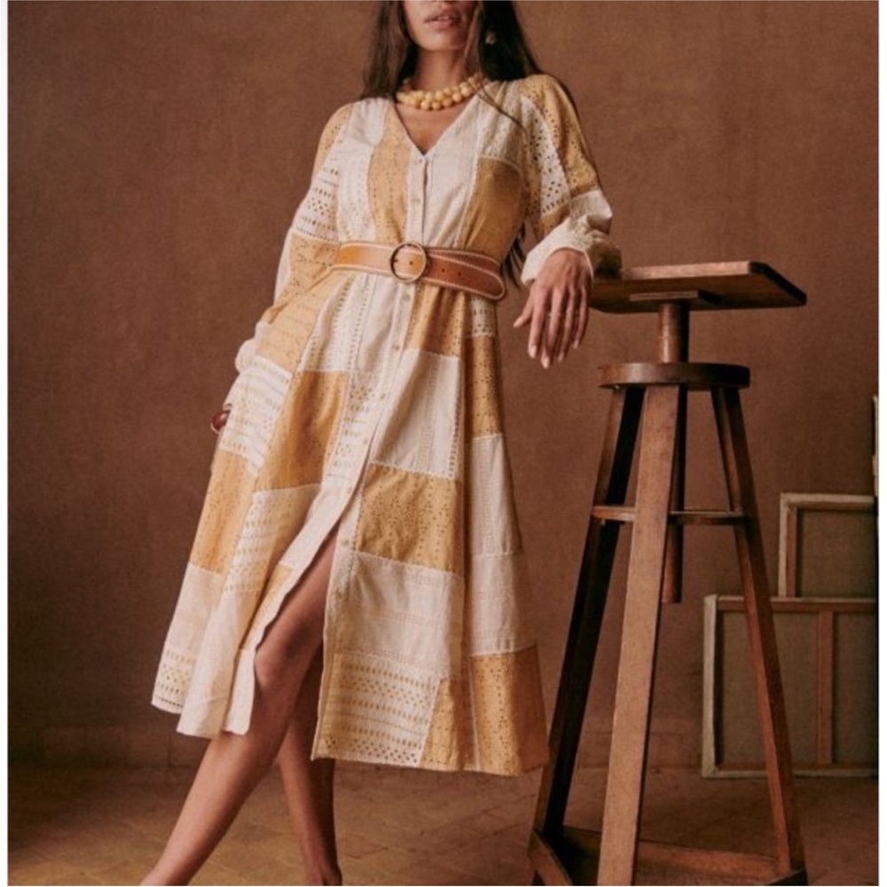 SEZANE sz46 US 14 Patchwork Eyelet Button Down Midi Dress Matissa Shirt Dress